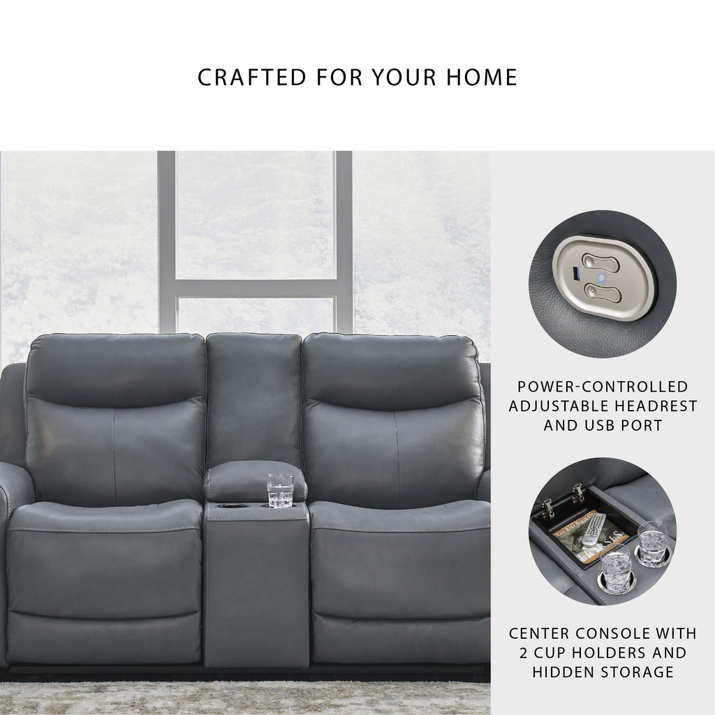 Gray Leather Match Power Reclining Loveseat with Console B11733