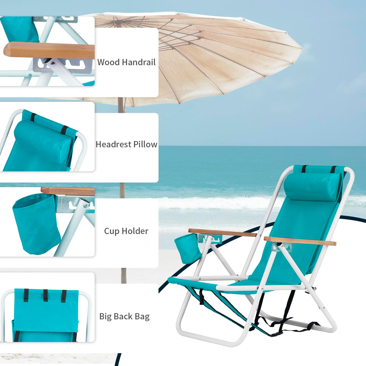 Set of 2 Folding Backpack Beach Chairs with Cup Holder (Green) H716166