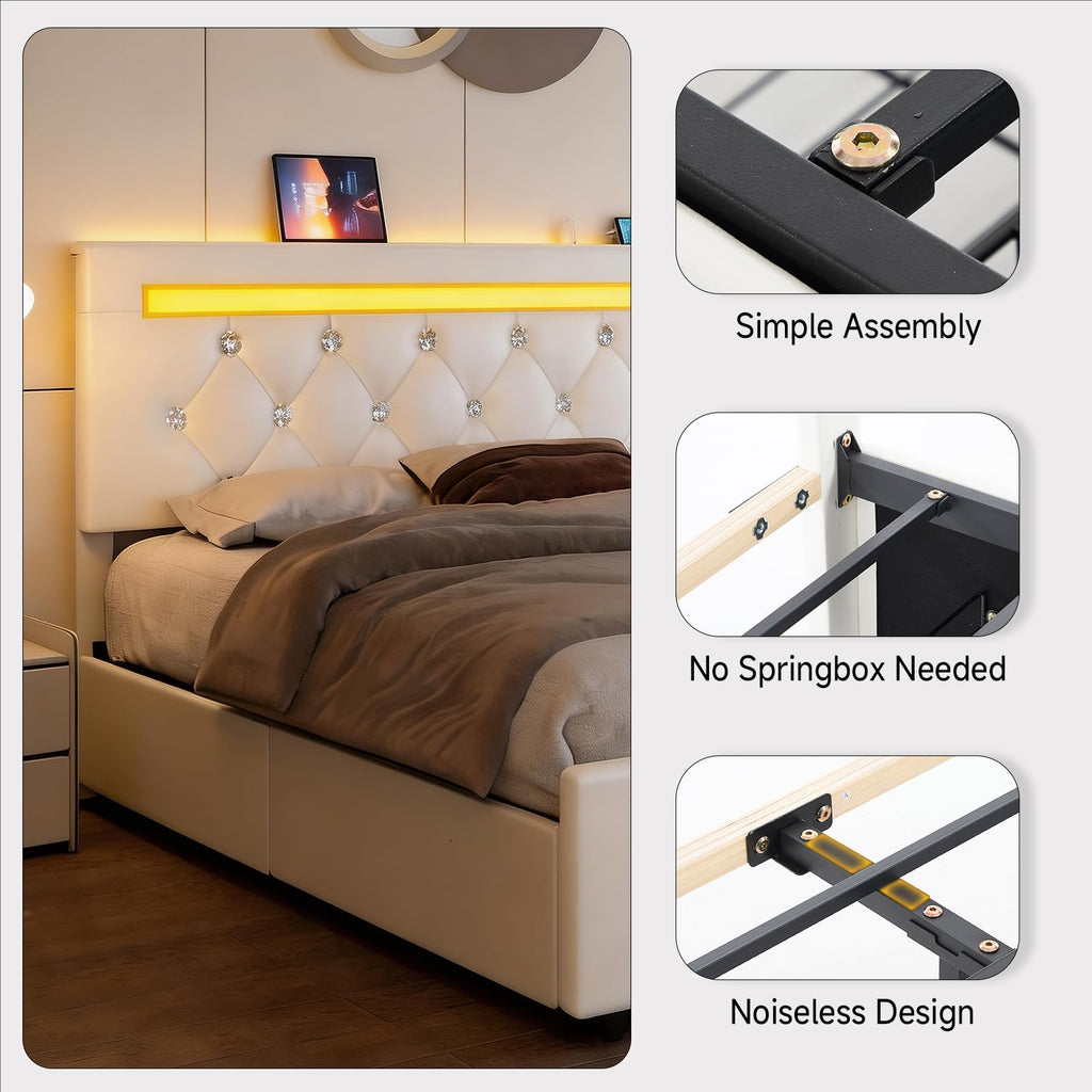 White Full Size Storage Bed with 4 Drawers and Adjustable Headboard M873776