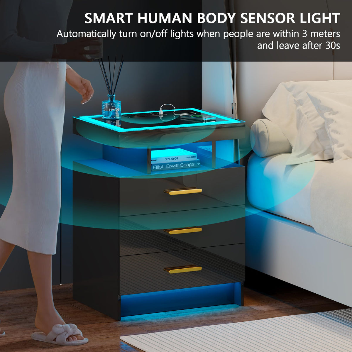 Black 3 Drawer LED Nightstand with Charging Station S244145
