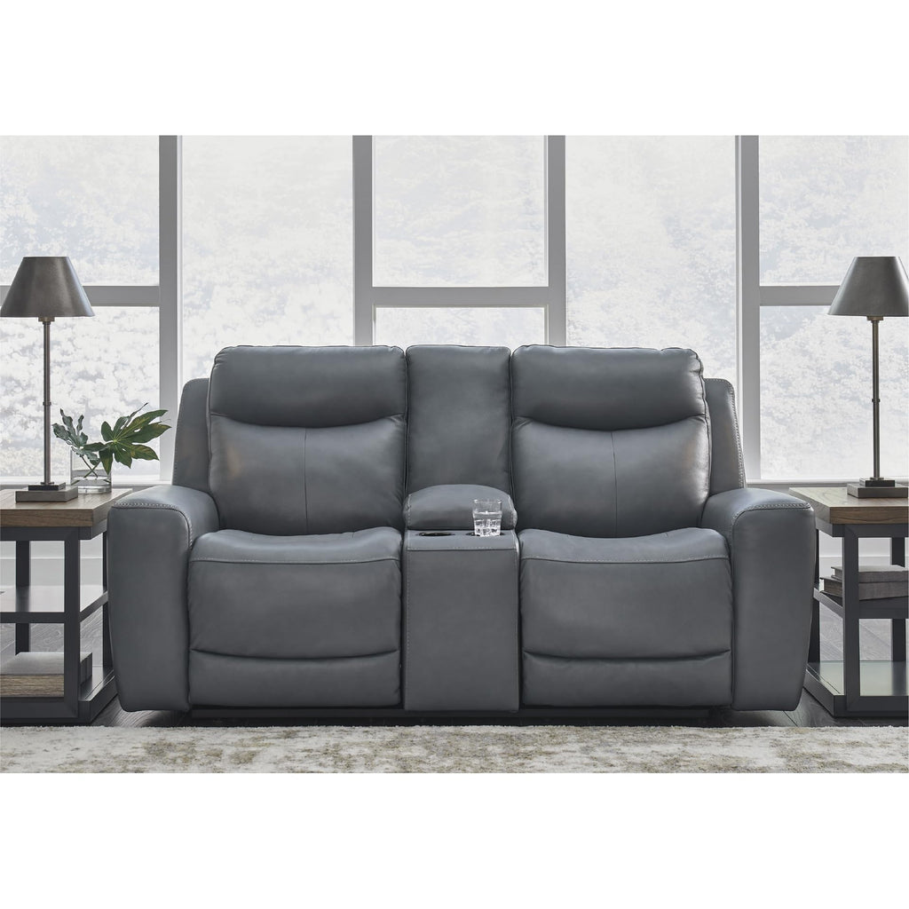 Gray Leather Match Power Reclining Loveseat with Console B11733