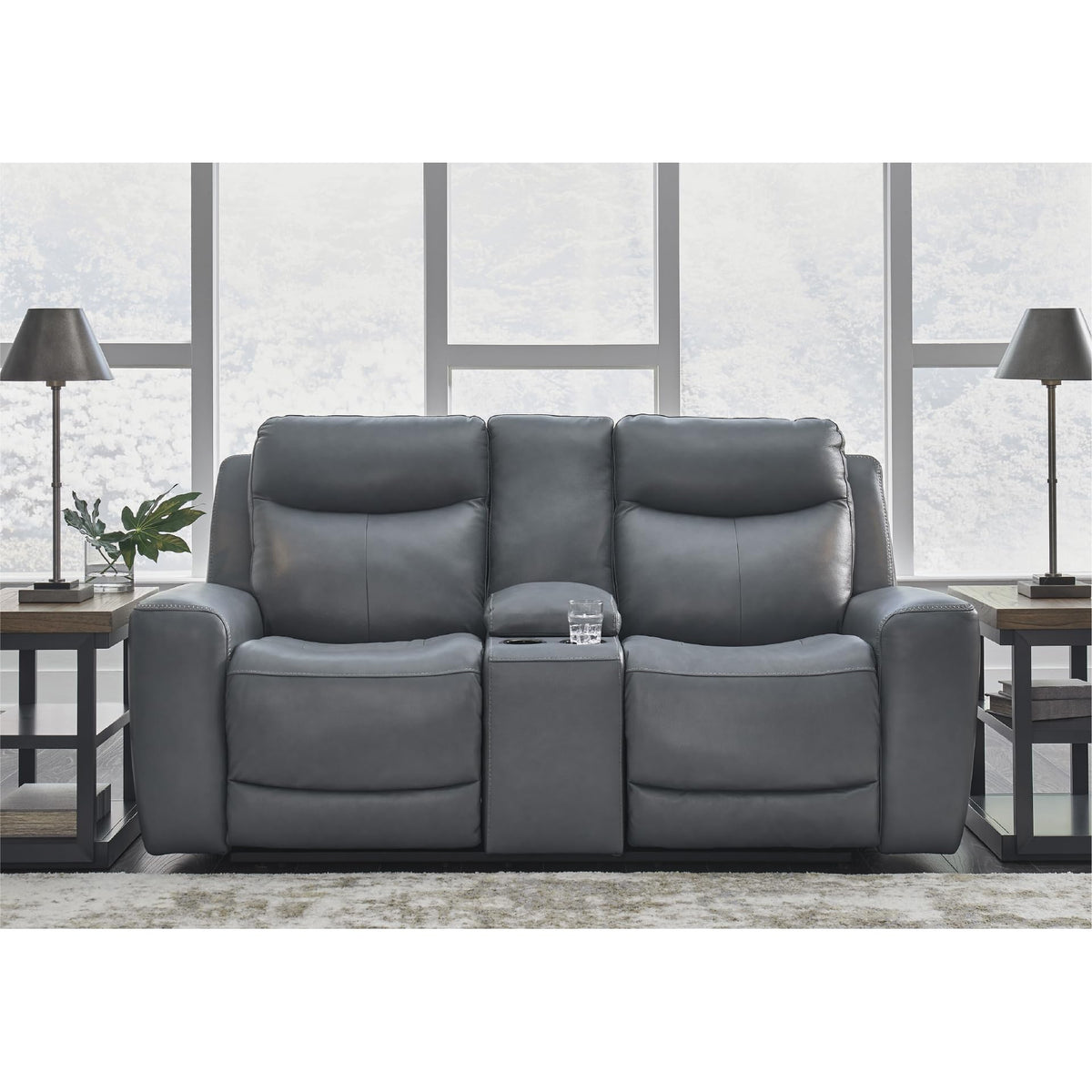 Gray Leather Match Power Reclining Loveseat with Console B11733