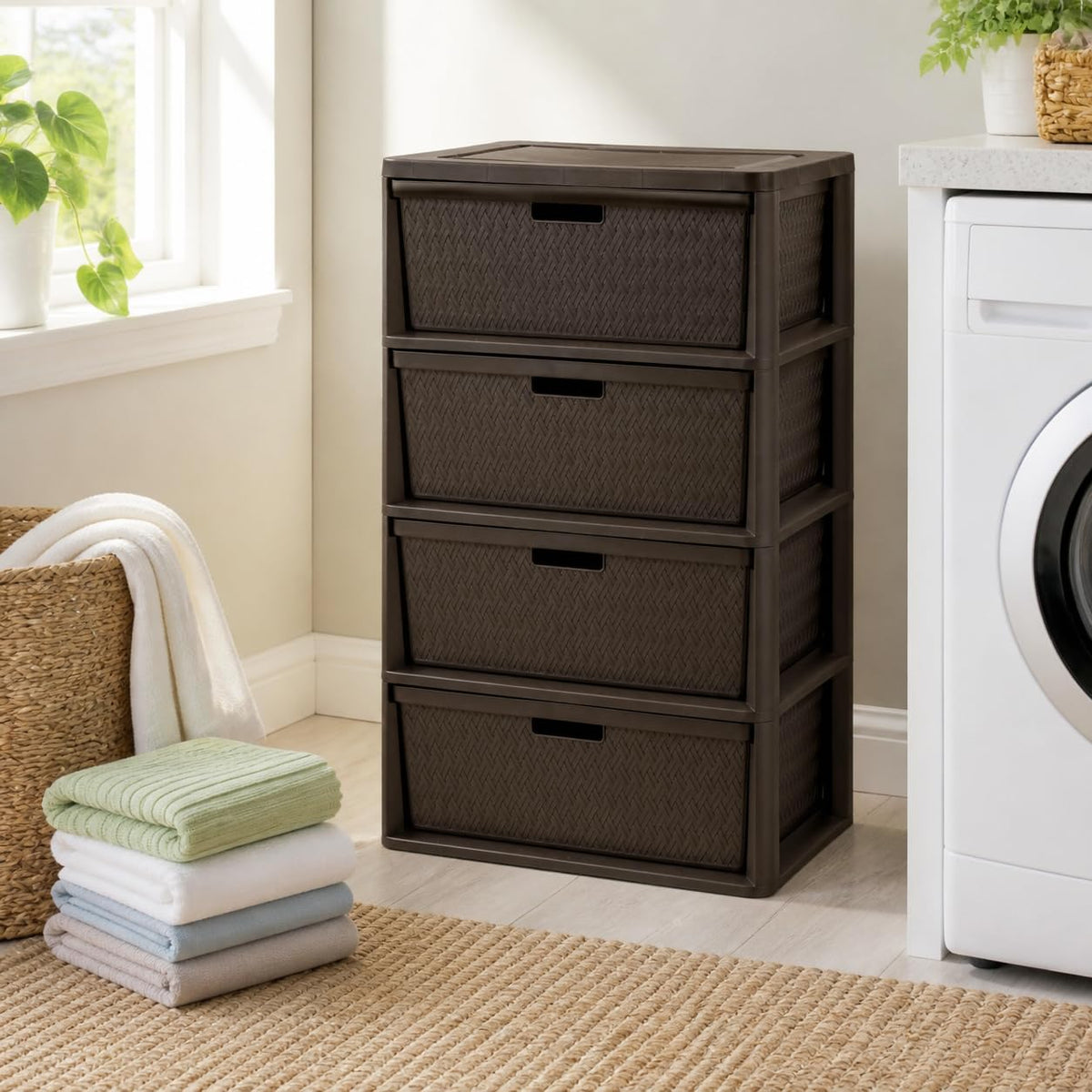 Brown 4 Drawer Plastic Storage Tower W677