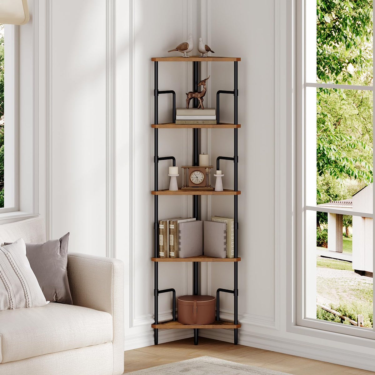 5-Tier Tall Corner Bookshelf with Metal Frame O286
