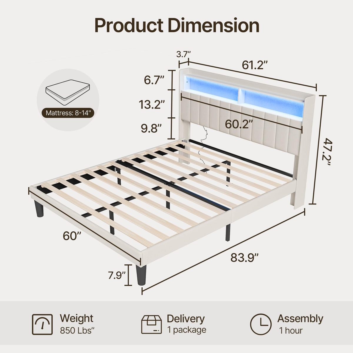 Beige Queen Size Upholstered Platform Bed Frame with Headboard R17394