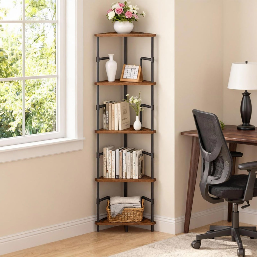 5-Tier Tall Corner Bookshelf with Metal Frame O286