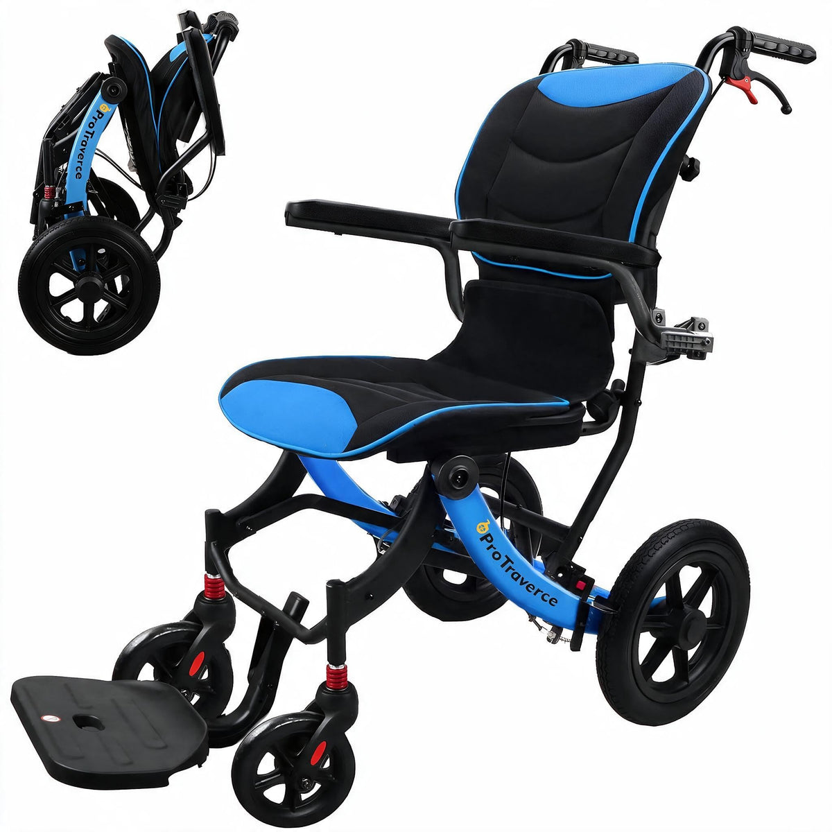 Lightweight Foldable Transport Wheelchair with Telescopic Handle, 16-Inch Seat, Blue J16390