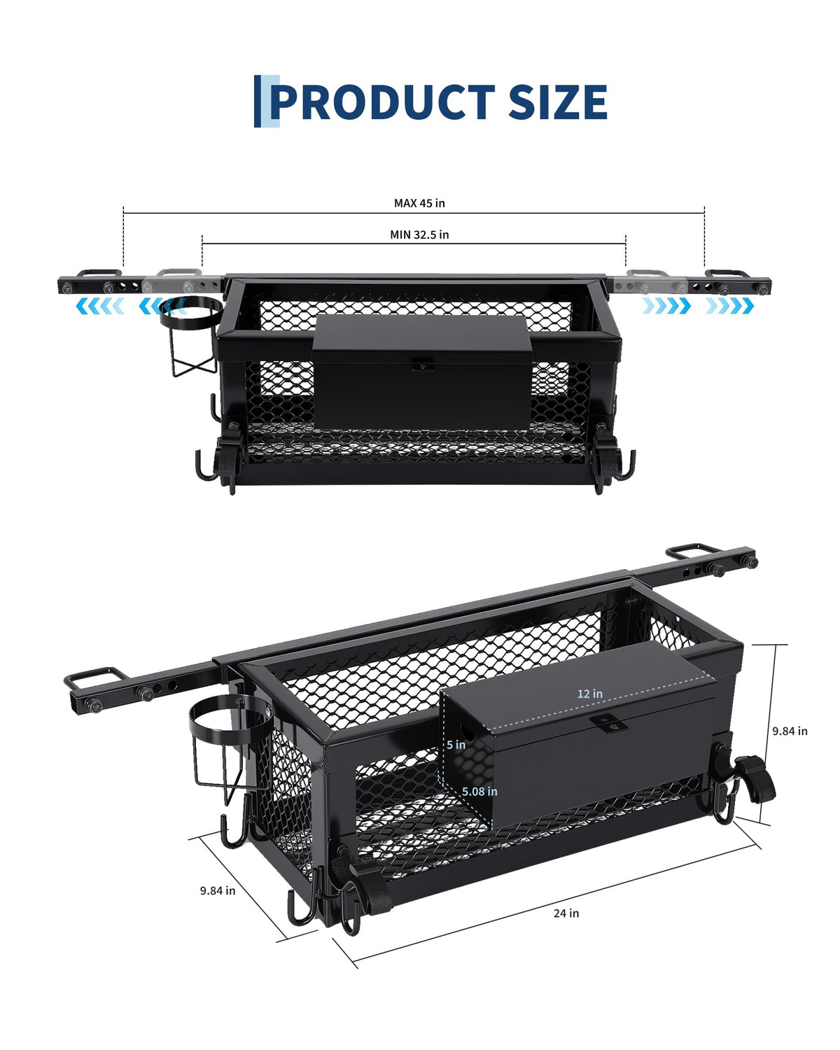 Heavy Duty Tractor Tool Box, 24x10x10 Inch Lockable Basket Attachment with Hooks and Ratchet Strap D417784