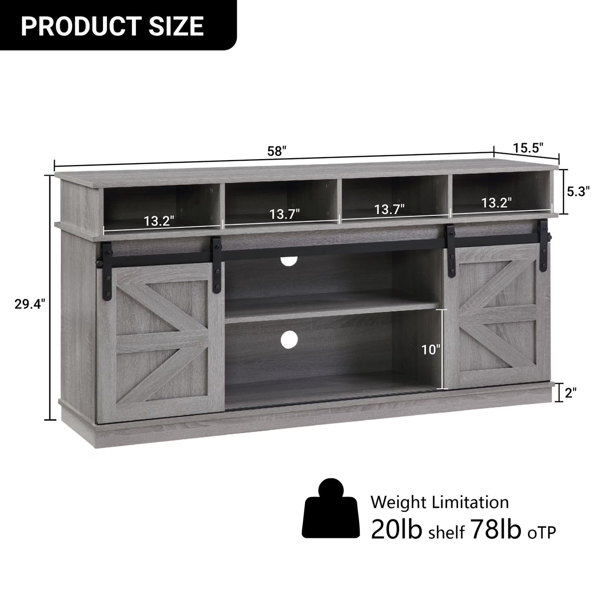 65" Grey Farmhouse TV Stand with Sliding Doors C43090