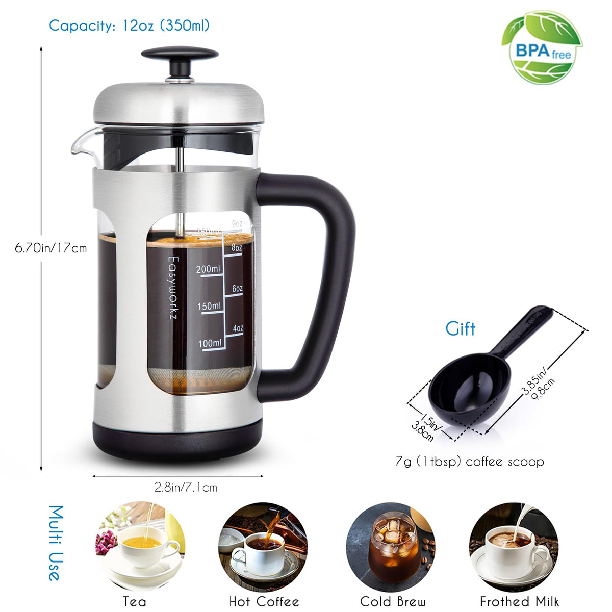Stainless Steel French Press 12 oz with Measuring Coffee Spoon L67543