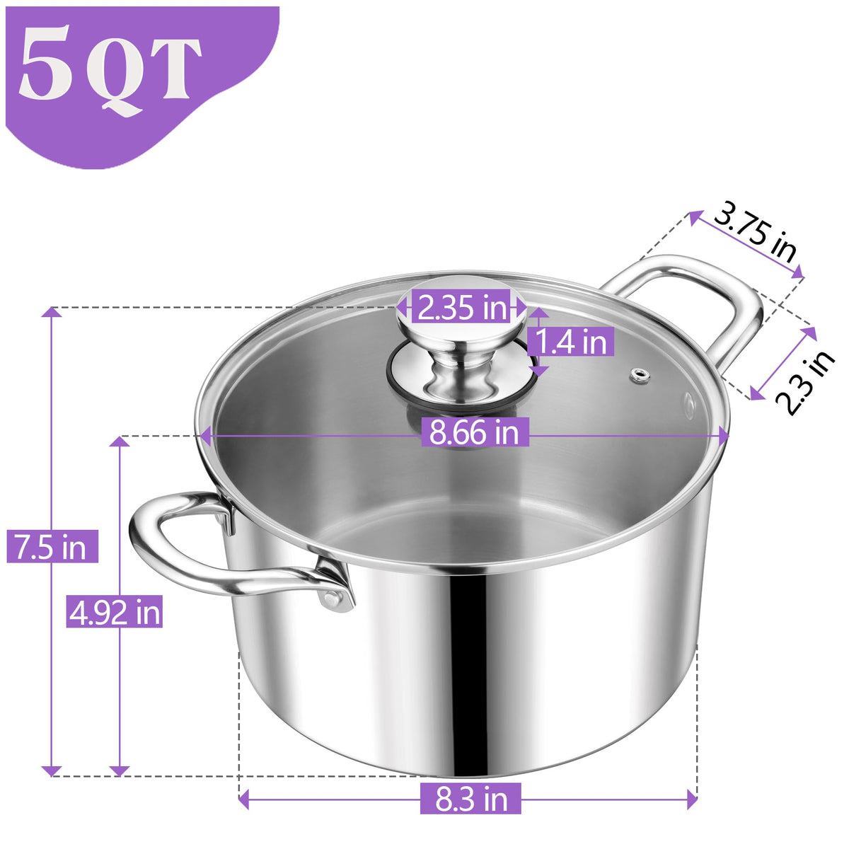 5 Quart Tri-Ply Stainless Steel Stock Pot with Lid V781