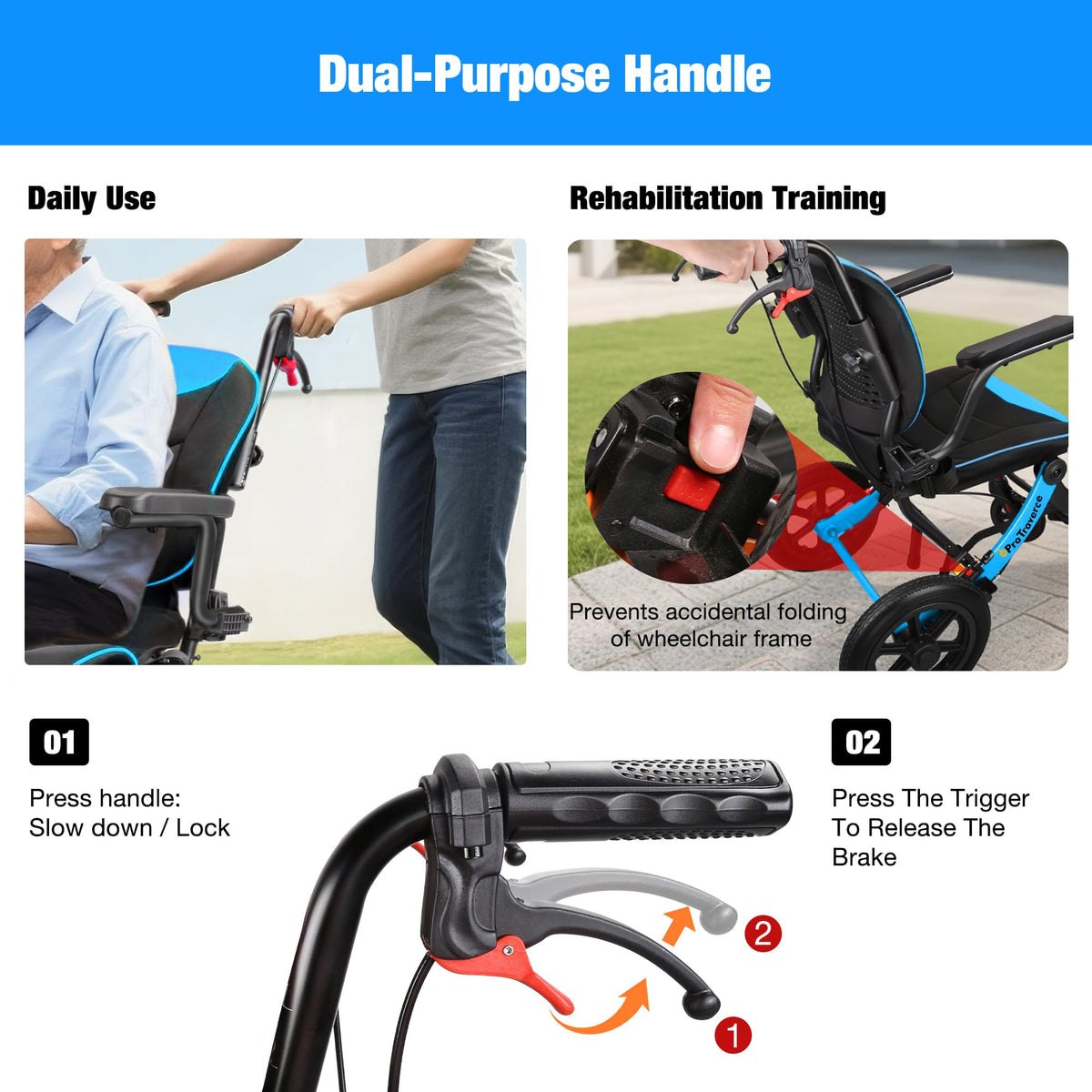 Lightweight Foldable Transport Wheelchair with Telescopic Handle, 16-Inch Seat, Blue J16390