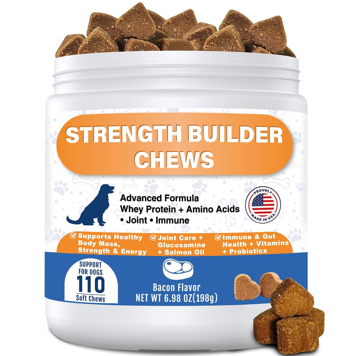Bacon Flavor 110 Count Dog Muscle Gain Chews with Whey Protein & BCAA D9901