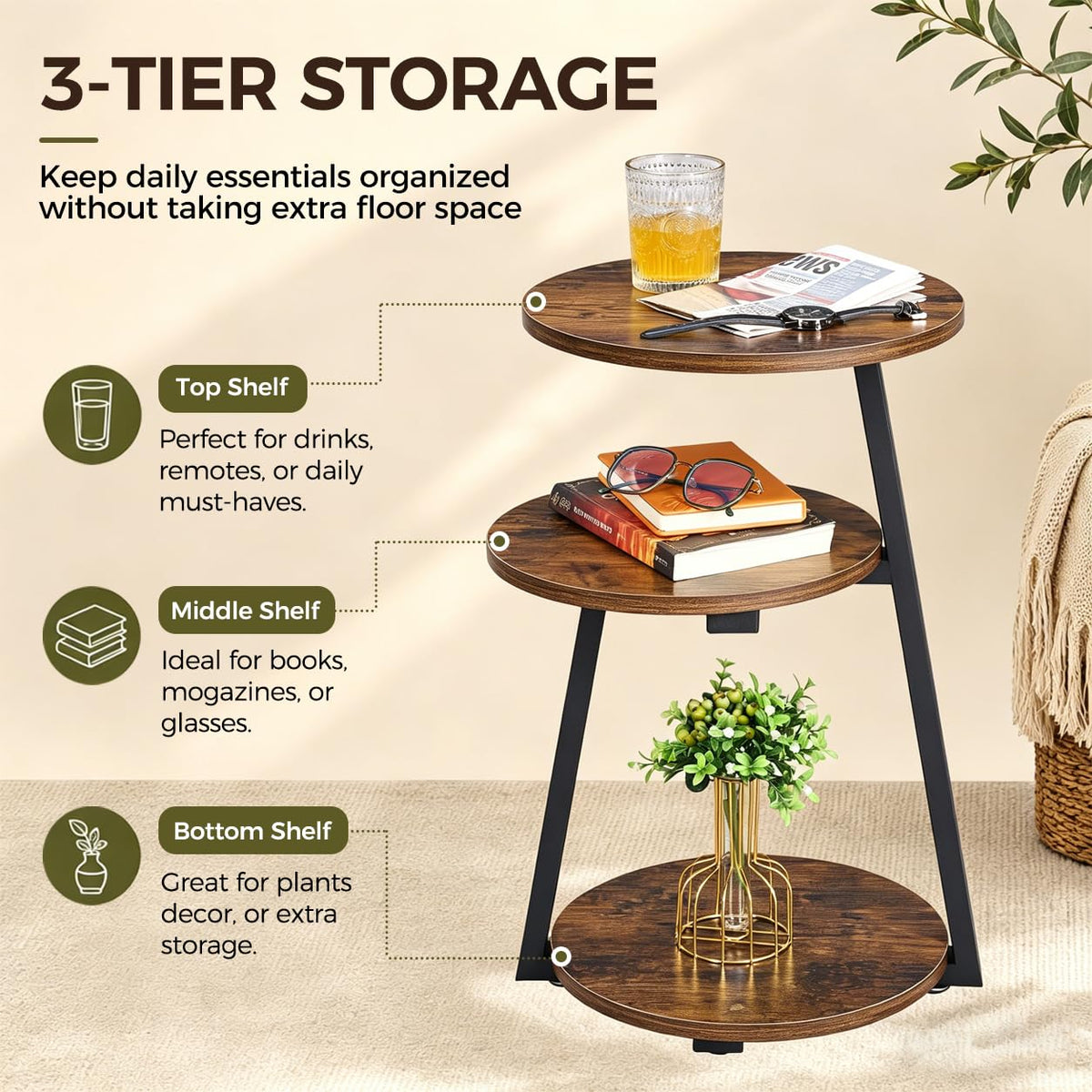 Small Round 3-Tier Side Table with Storage Shelves P640794