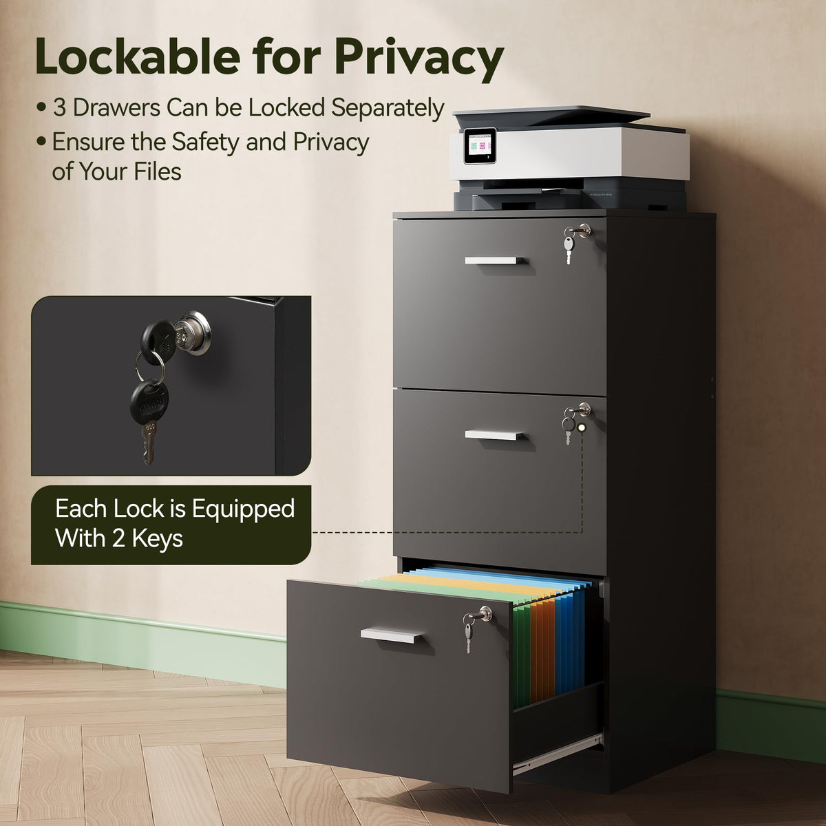3 Drawer Wood File Cabinet with Lock M489