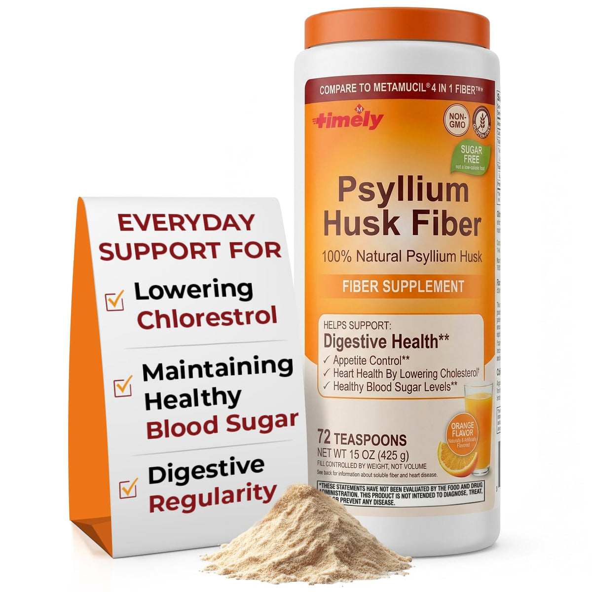 Psyllium Husk Powder Fiber Supplement, Orange Flavor, 15 oz Q42825
