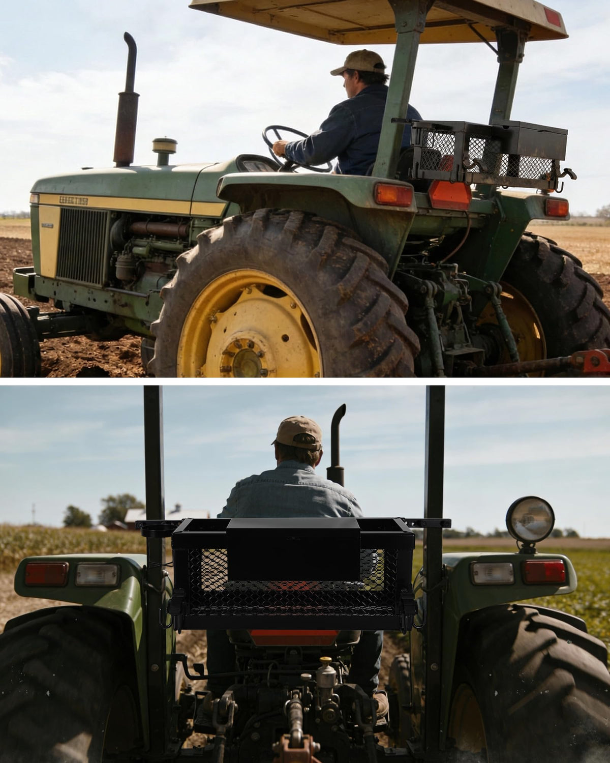 Heavy Duty Tractor Tool Box, 24x10x10 Inch Lockable Basket Attachment with Hooks and Ratchet Strap D417784