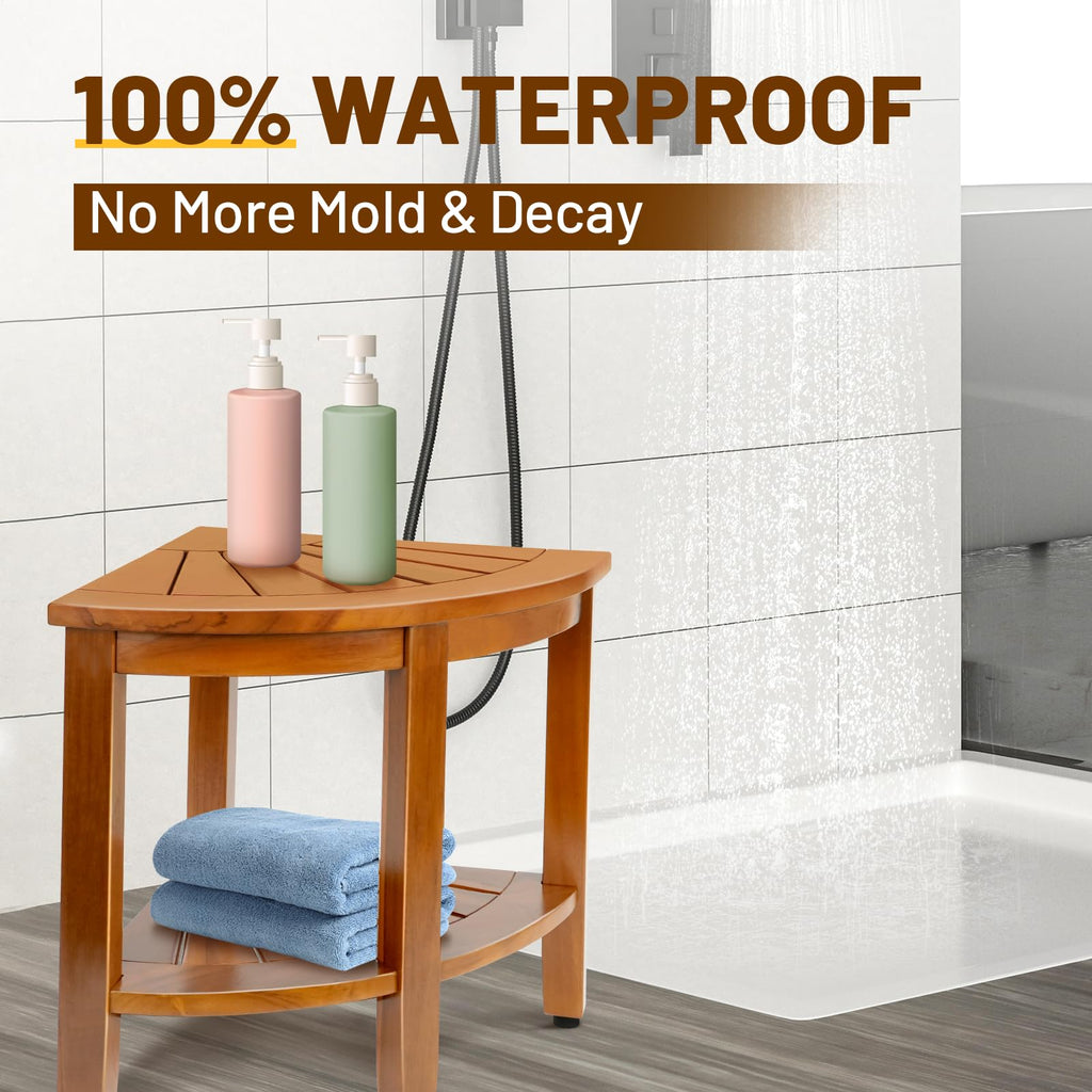 18" Teak Corner Shower Bench with Shelf D81467