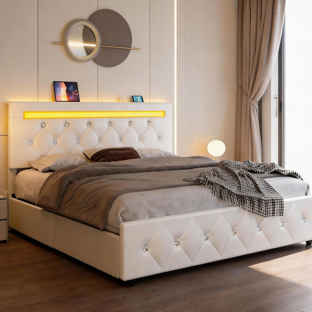 White Full Size Storage Bed with 4 Drawers and Adjustable Headboard M873776