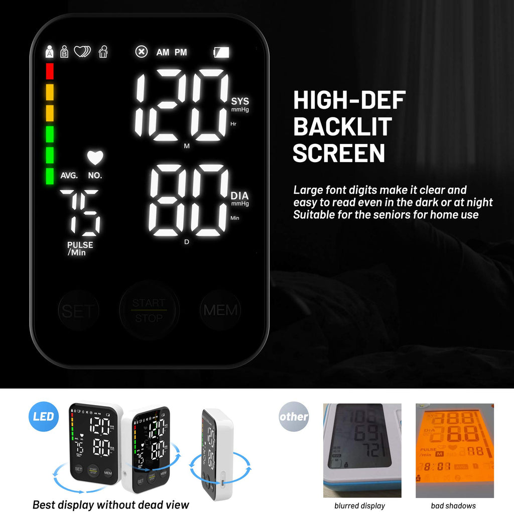 Black Upper Arm Blood Pressure Monitor with Adjustable Arm Cuff and Large Display S451