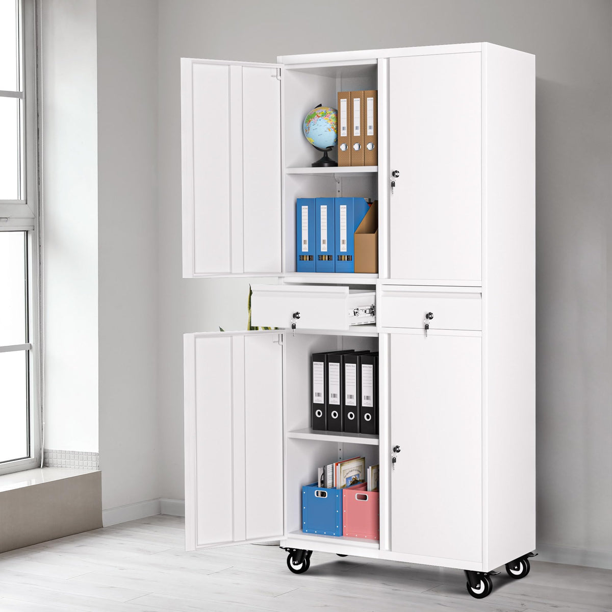 72” Rolling Metal Storage Cabinet with Locking Doors & 2 Drawers R557