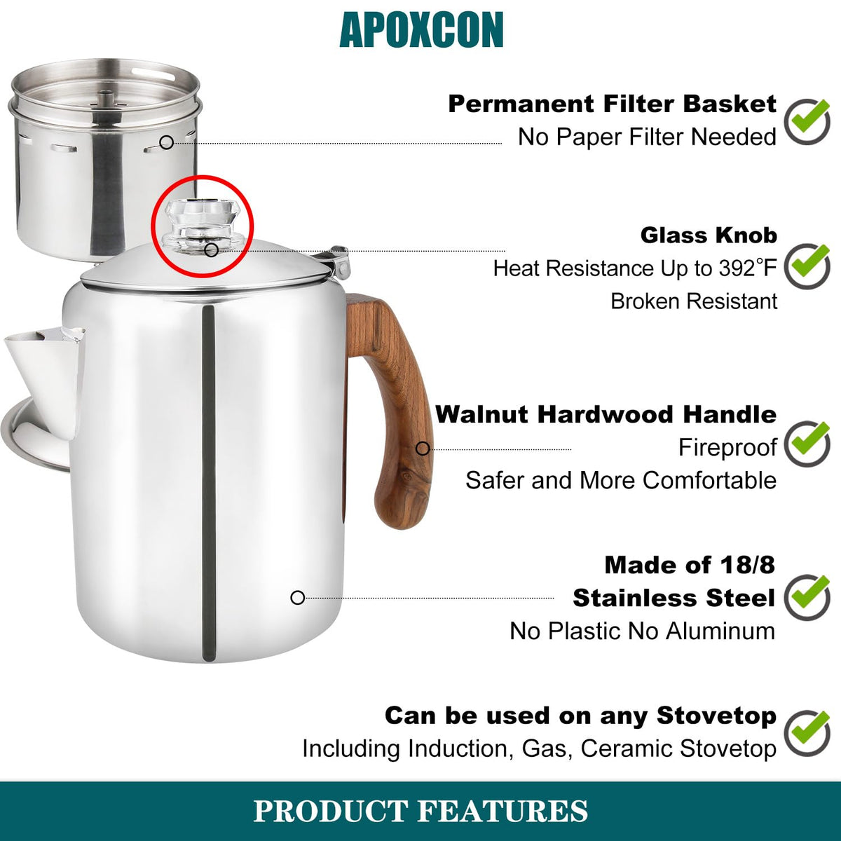 Coffee Percolator Pot Stainless Steel 8 Cup B588971