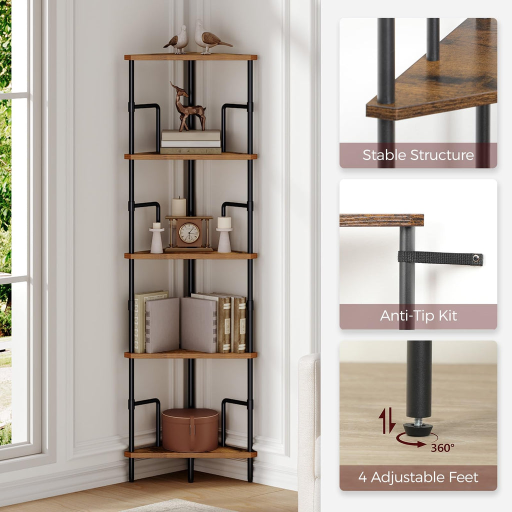 5-Tier Tall Corner Bookshelf with Metal Frame O286
