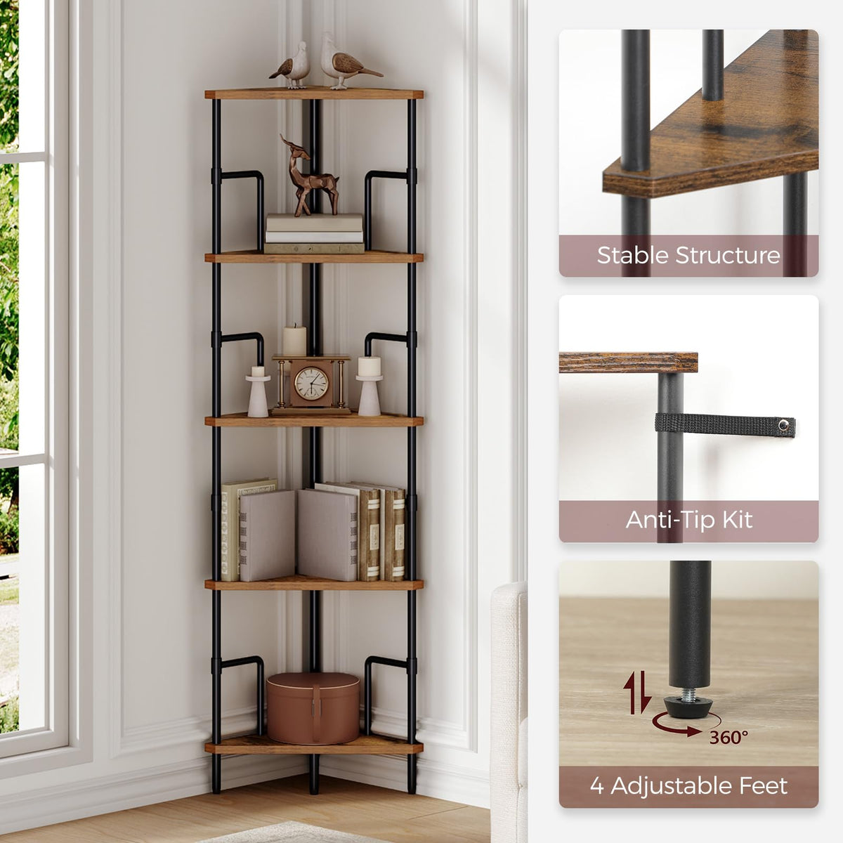 5-Tier Tall Corner Bookshelf with Metal Frame O286