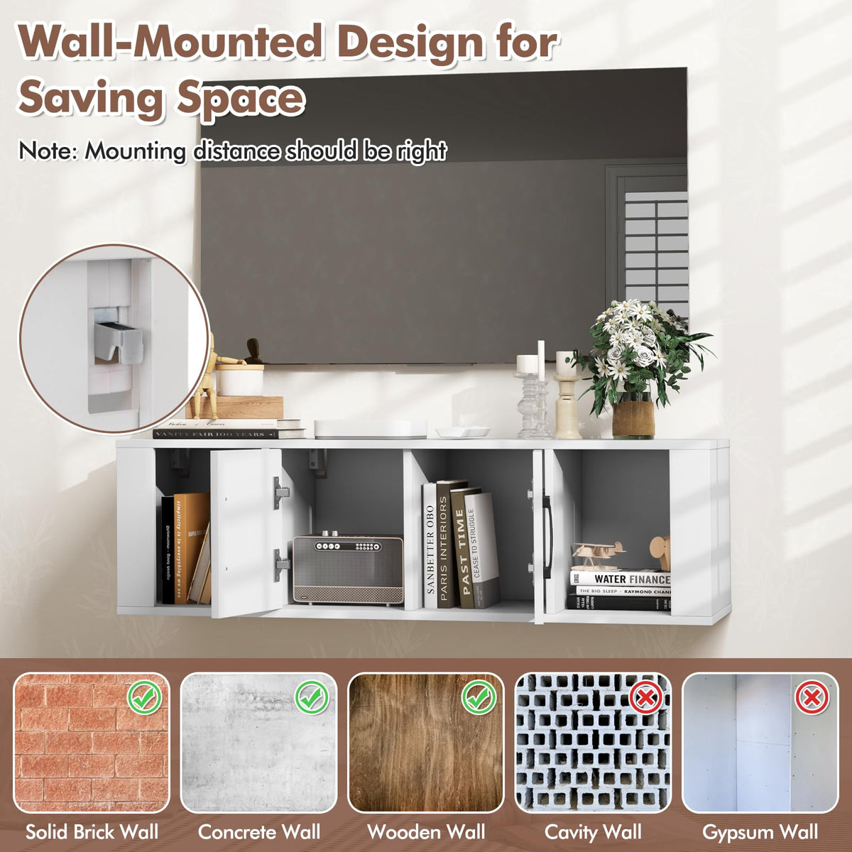 Wall Mounted Storage Cabinet, 2 Cube Floating Desk with Doors, White I154684