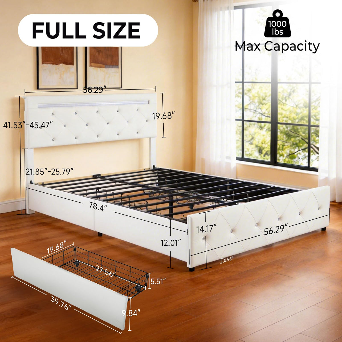 White Full Size Storage Bed with 4 Drawers and Adjustable Headboard M873776