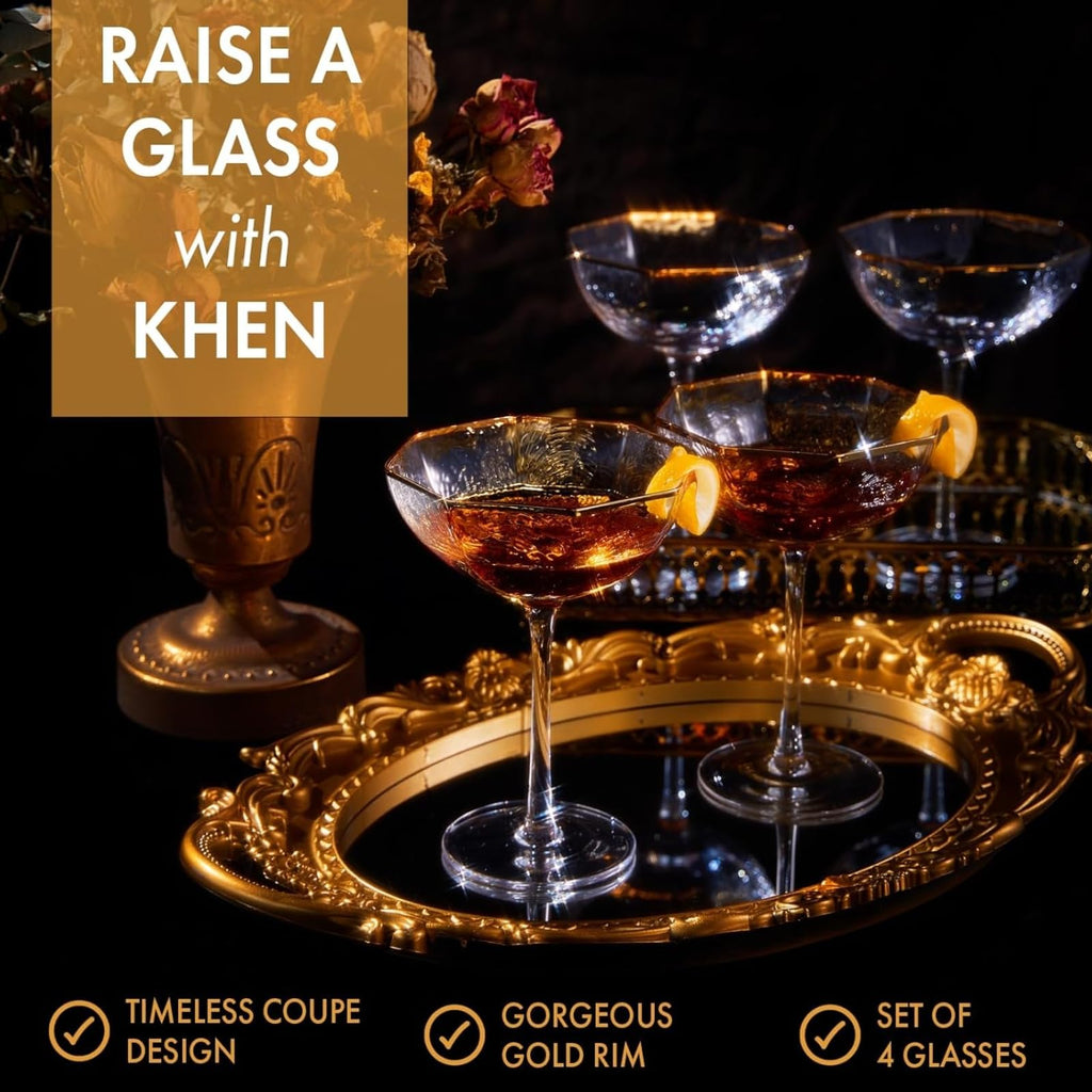 Champagne Coupe Glasses Set of 4 Gold Rim E586
