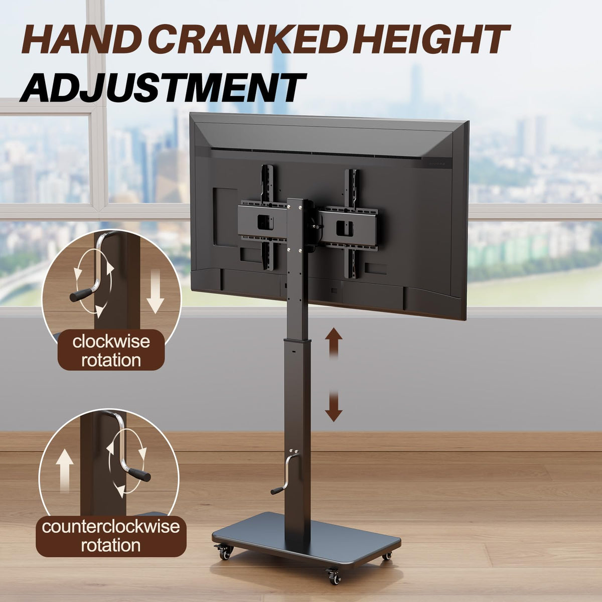 Mobile TV Stand on Wheels with 90° Swivel, Hand Crank Adjustable Height, for 42 to 75 inch TVs up to 110 lbs (Black) J21940
