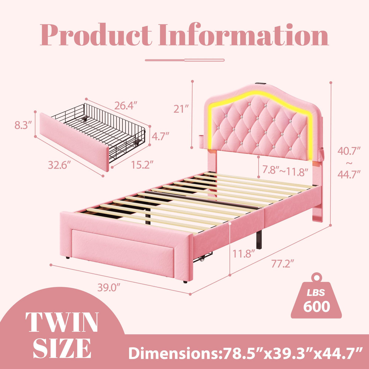 Twin Bed Frame with Adjustable Velvet Upholstered Headboard and Storage Drawers R961