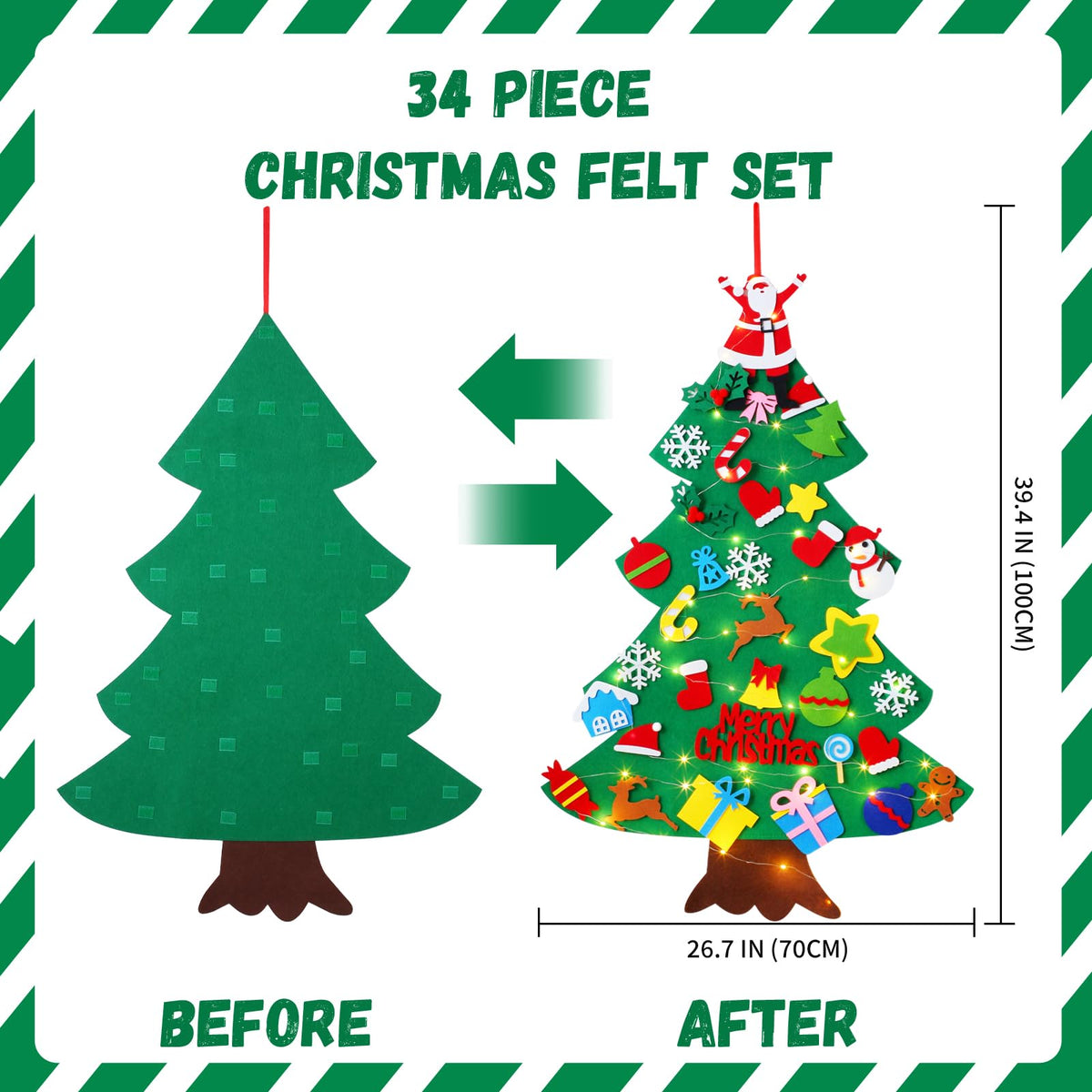 Felt Christmas Tree for Toddlers, 3.2ft Wall Hanging DIY Xmas Decorations with String Light I710775