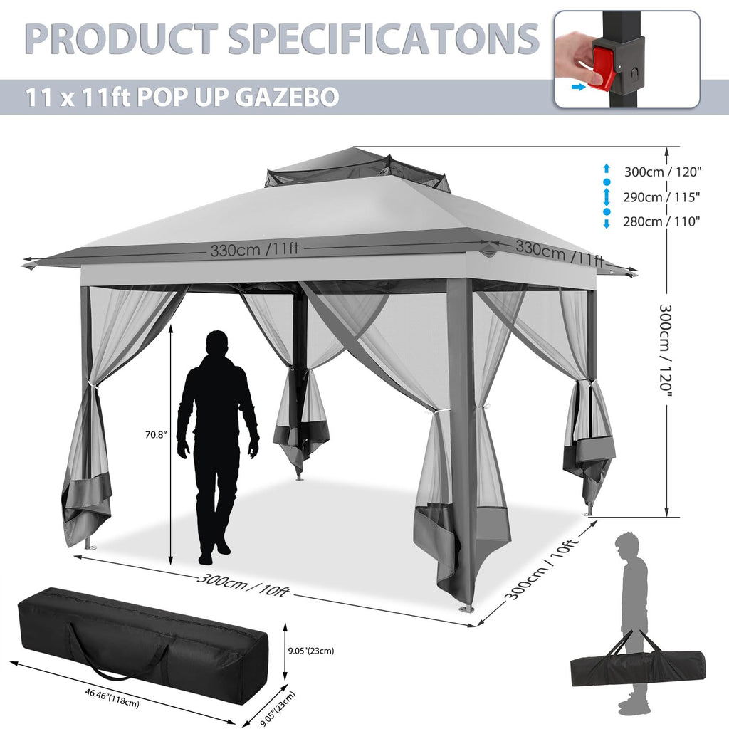 11x11 Pop Up Gazebo Canopy Tent with Mosquito Net R492186