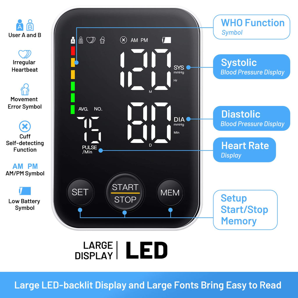 Black Upper Arm Blood Pressure Monitor with Adjustable Arm Cuff and Large Display S451