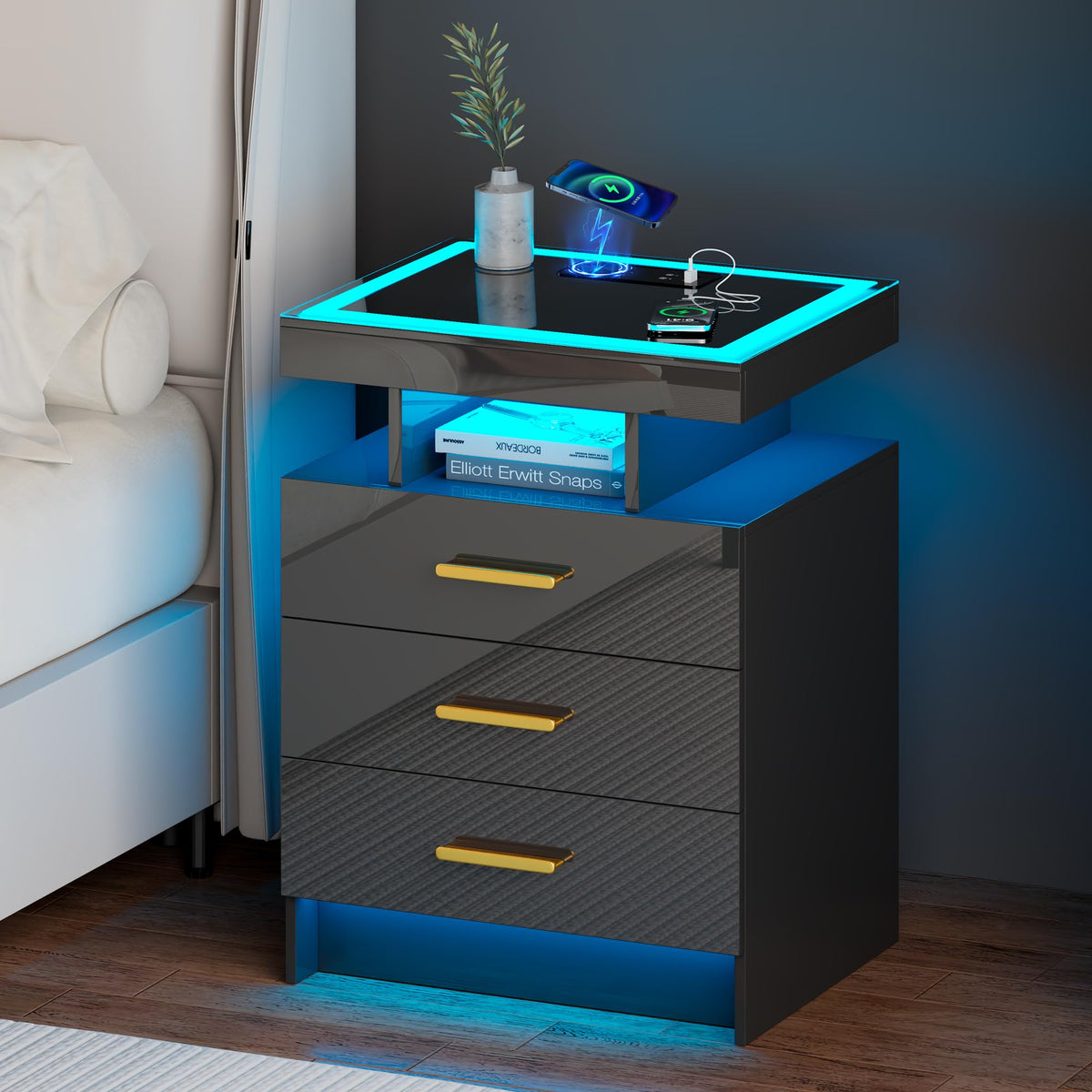 Black 3 Drawer LED Nightstand with Charging Station S244145