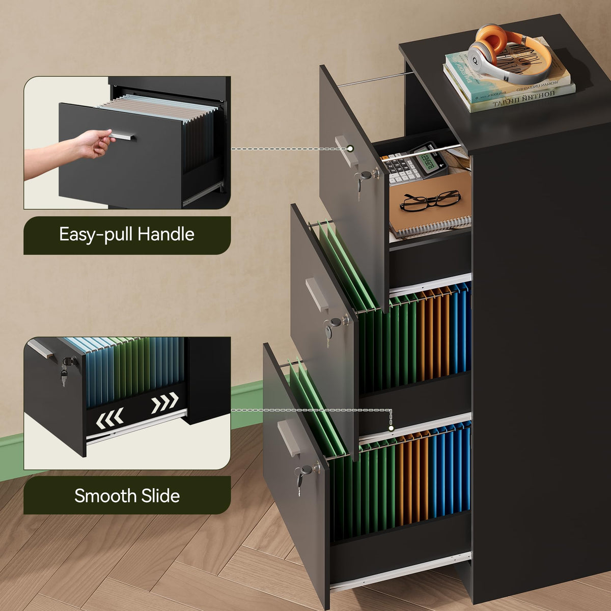 3 Drawer Wood File Cabinet with Lock M489