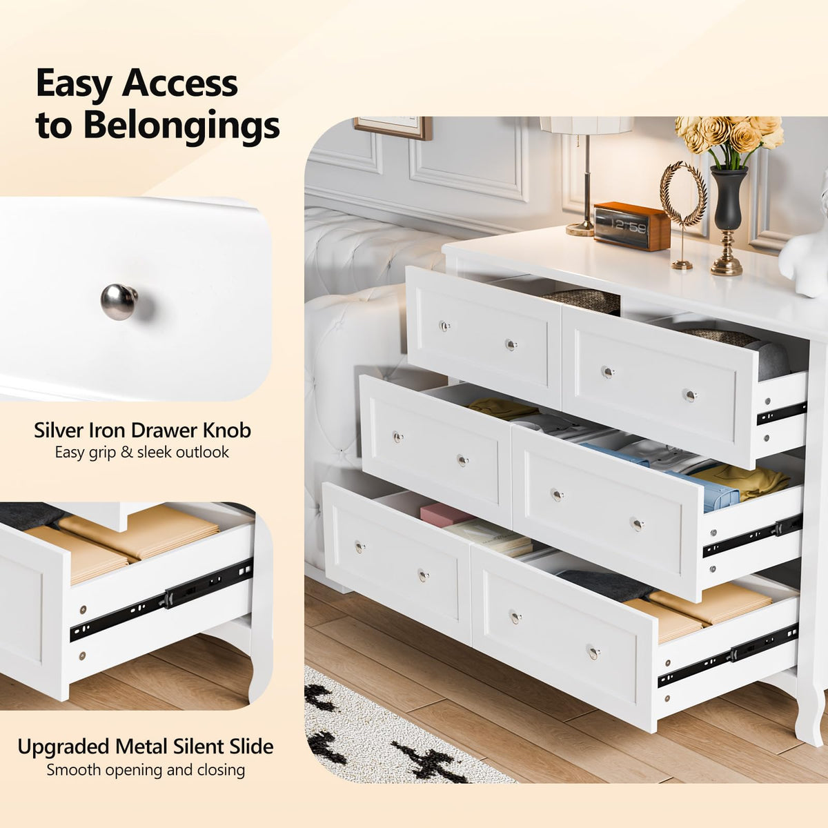 White 6 Drawer Wood Dresser with Curved Legs F72808