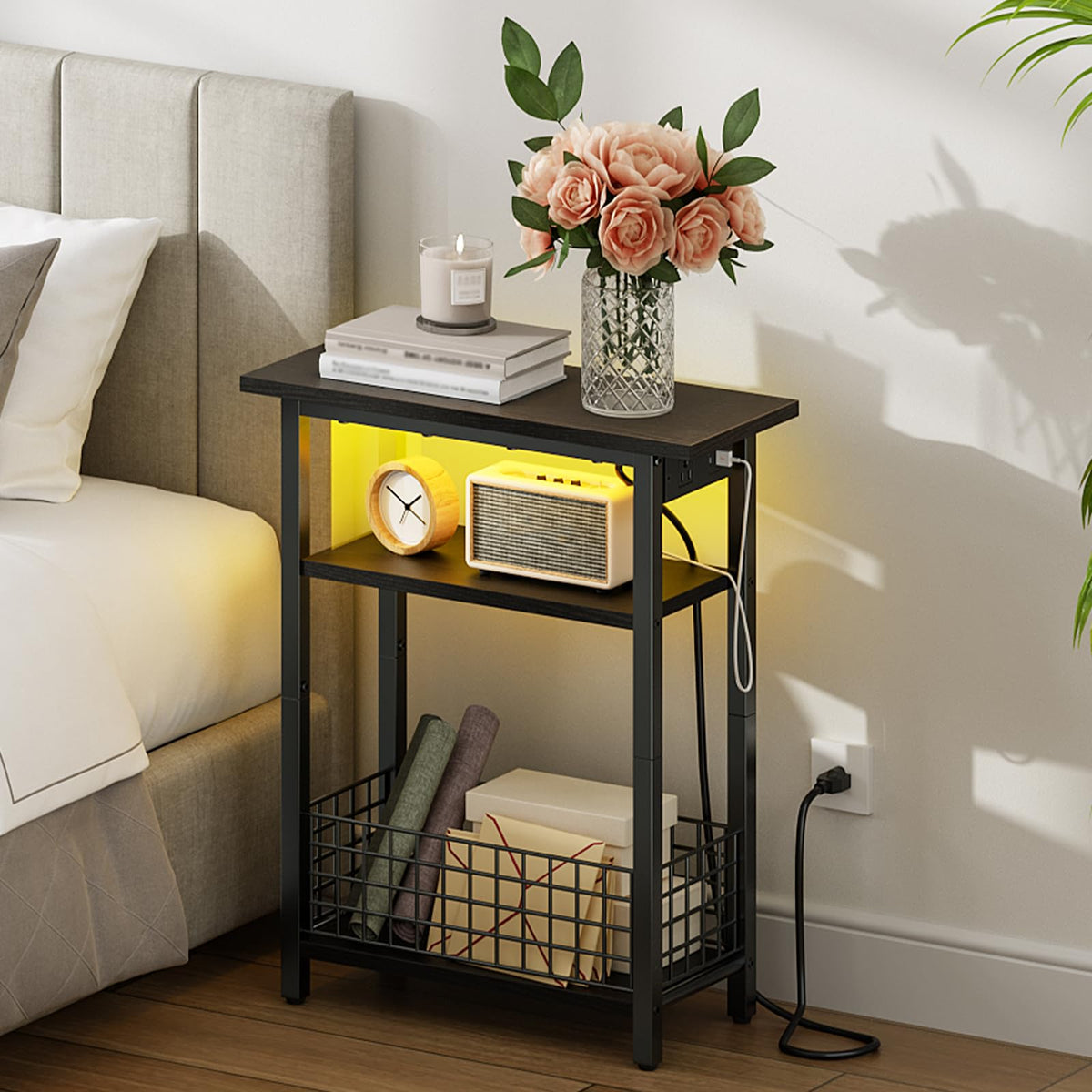 Narrow Side Table with Charging Station and LED Light D931721