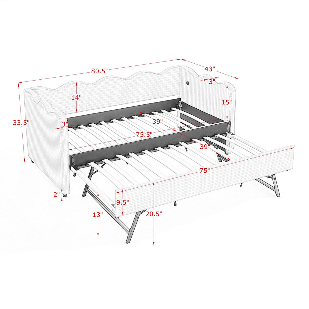 Twin Size Upholstery Daybed with Trundle and USB X59507