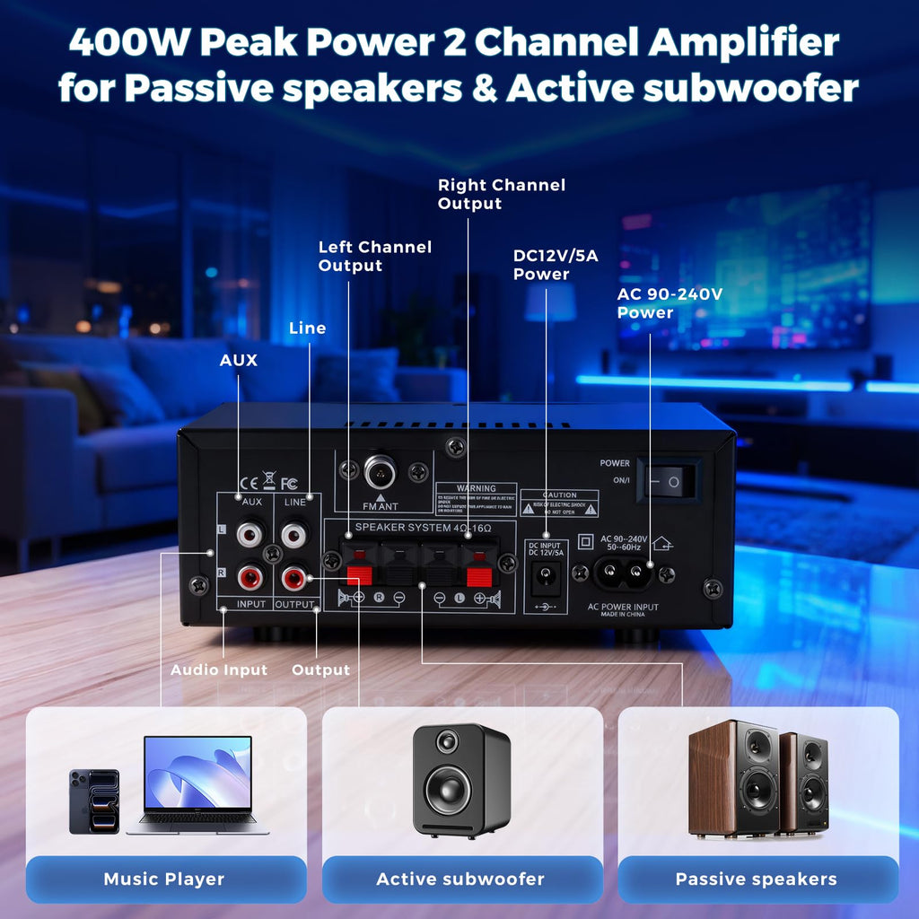2 Channel 400W Bluetooth Stereo Audio Amplifier U581