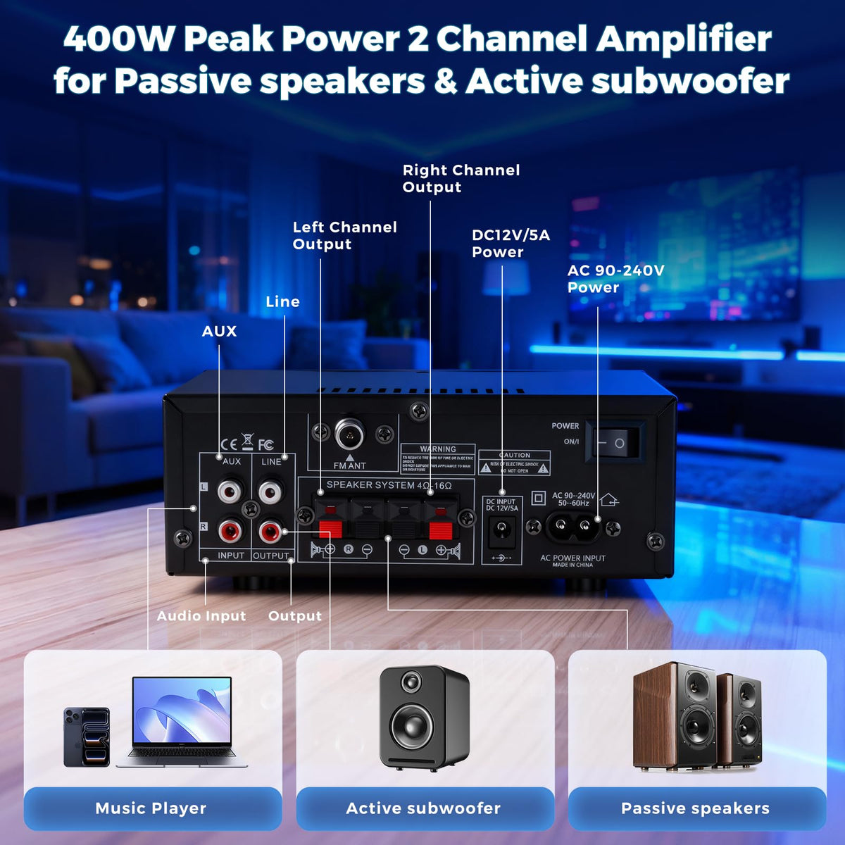 2 Channel 400W Bluetooth Stereo Audio Amplifier U581