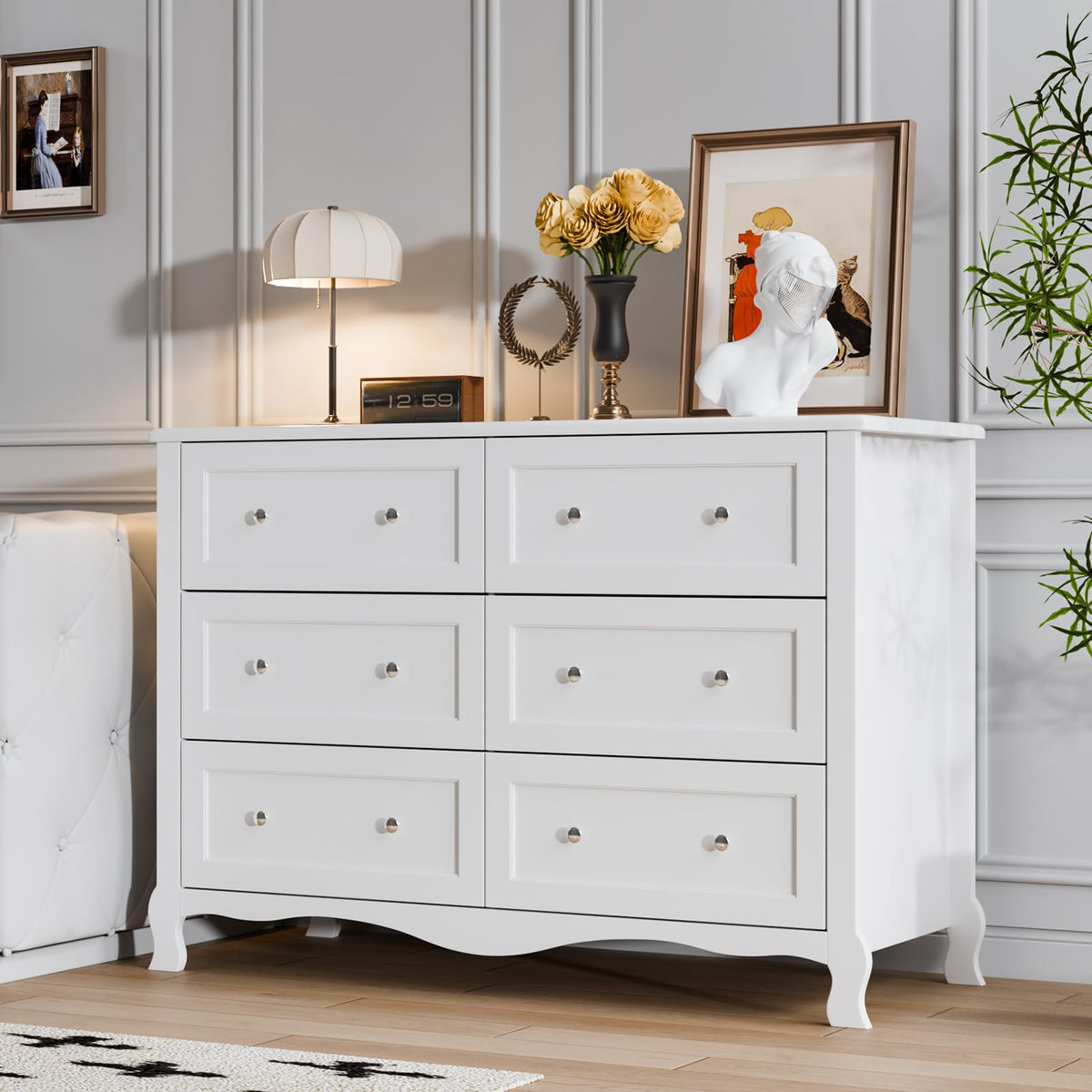 White 6 Drawer Wood Dresser with Curved Legs F72808