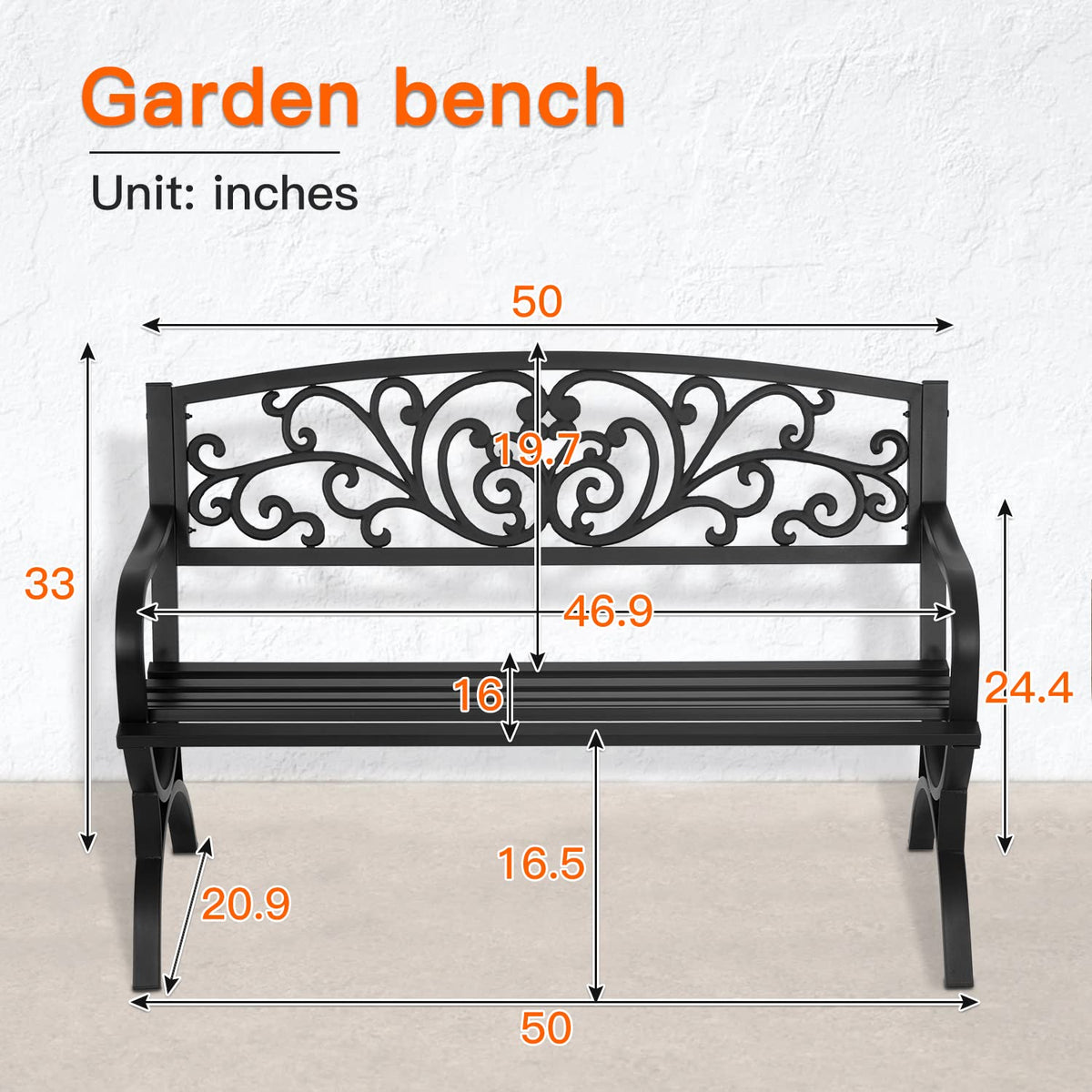 50 inch Black Metal Patio Garden Bench with Armrests Y5101