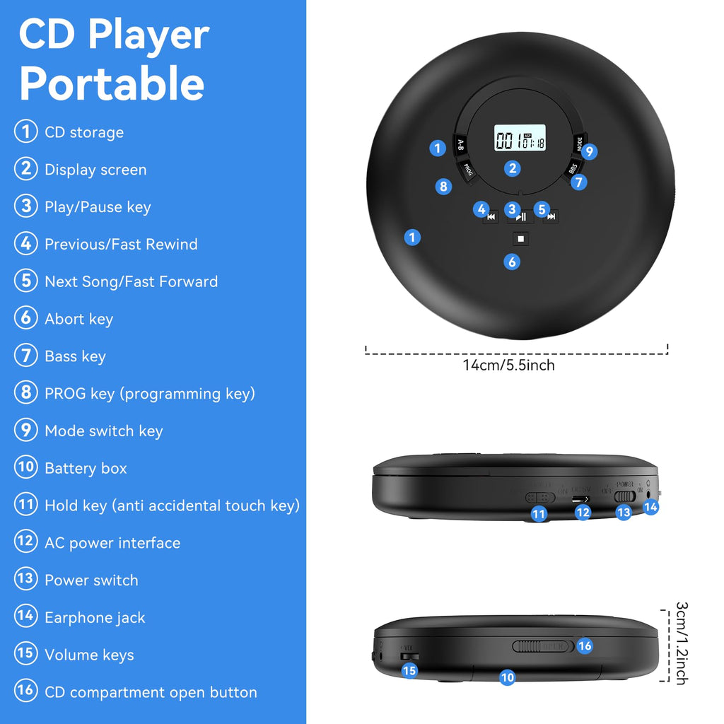 Portable CD Player with Headphones LCD Display F961795