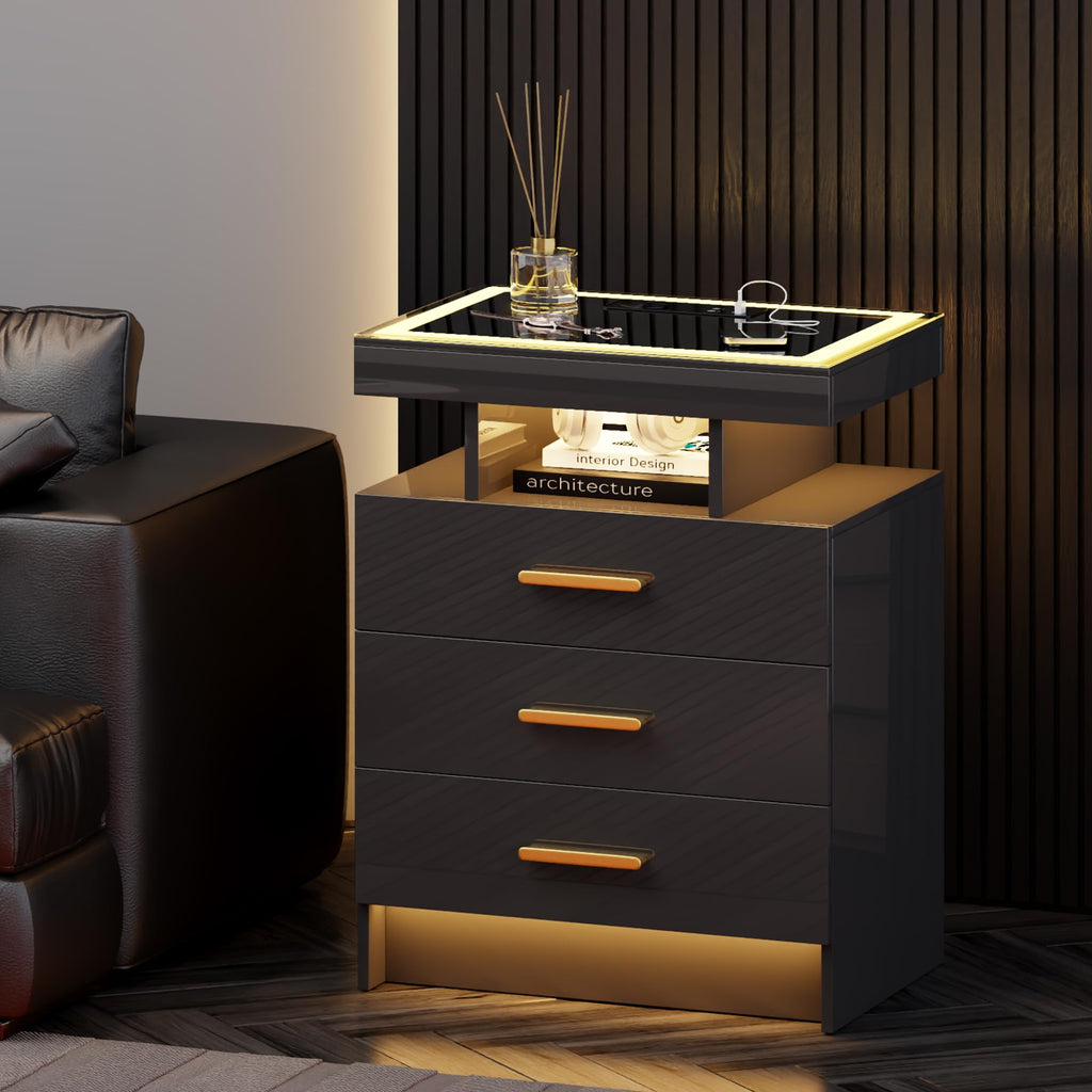Black 3 Drawer LED Nightstand with Charging Station S244145
