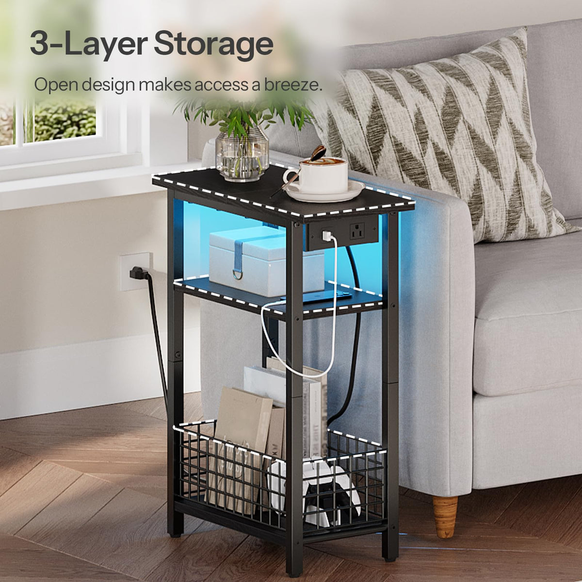 Narrow Side Table with Charging Station and LED Light D931721