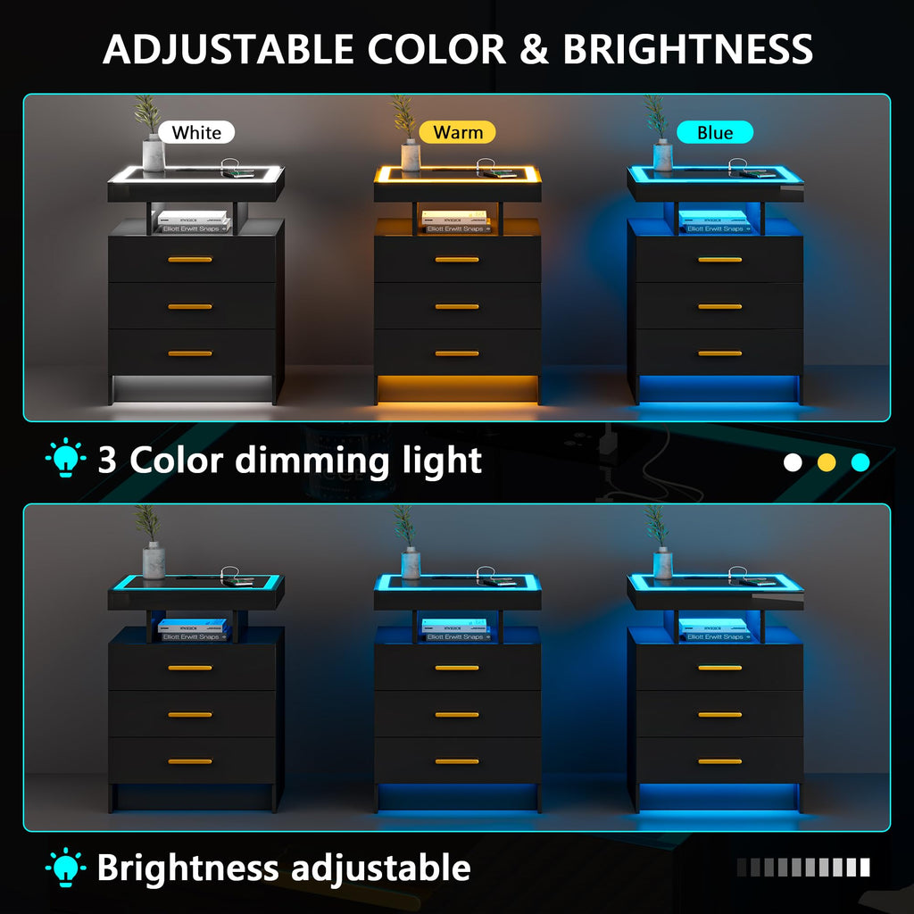 Black 3 Drawer LED Nightstand with Charging Station S244145