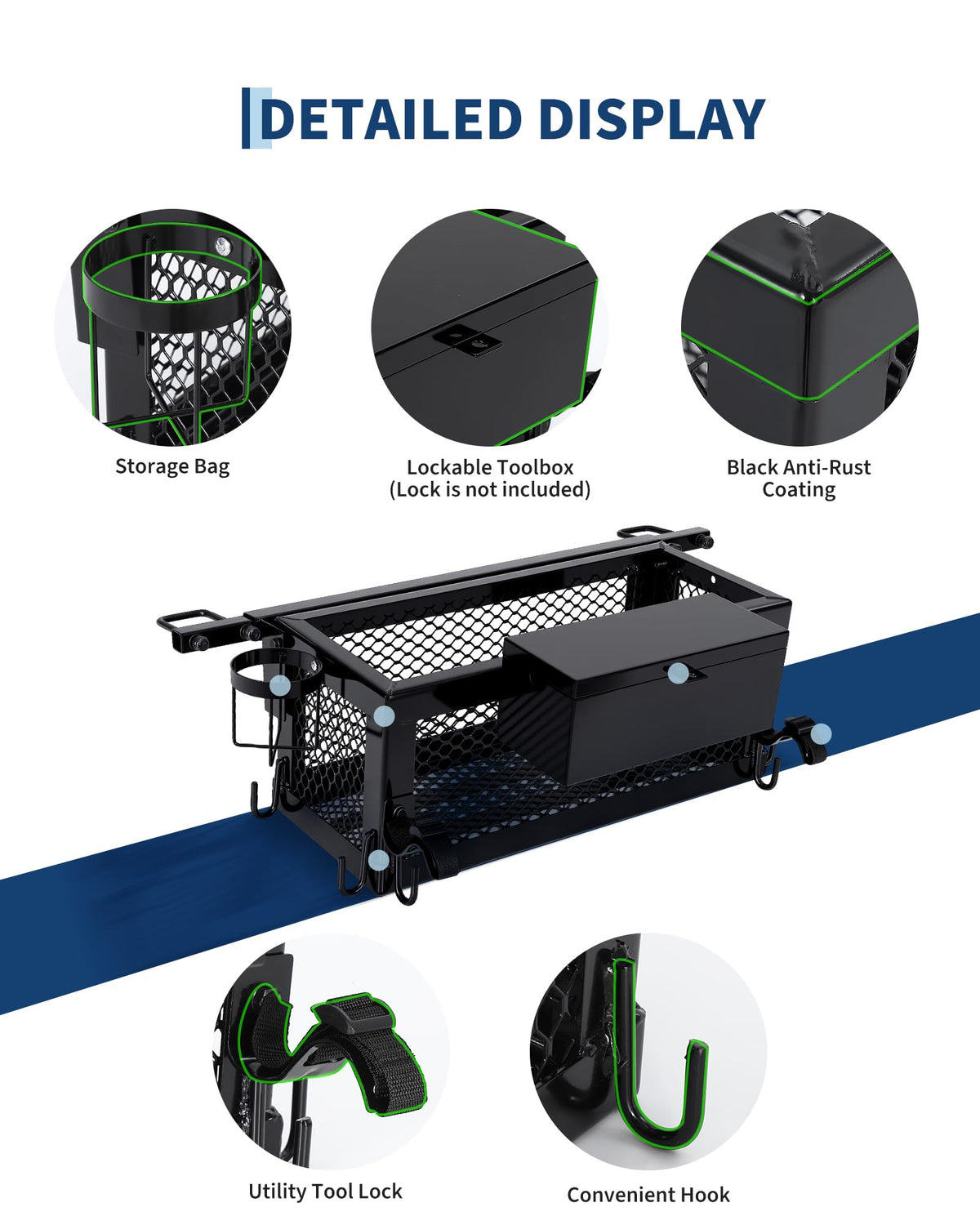 Heavy Duty Tractor Tool Box, 24x10x10 Inch Lockable Basket Attachment with Hooks and Ratchet Strap D417784